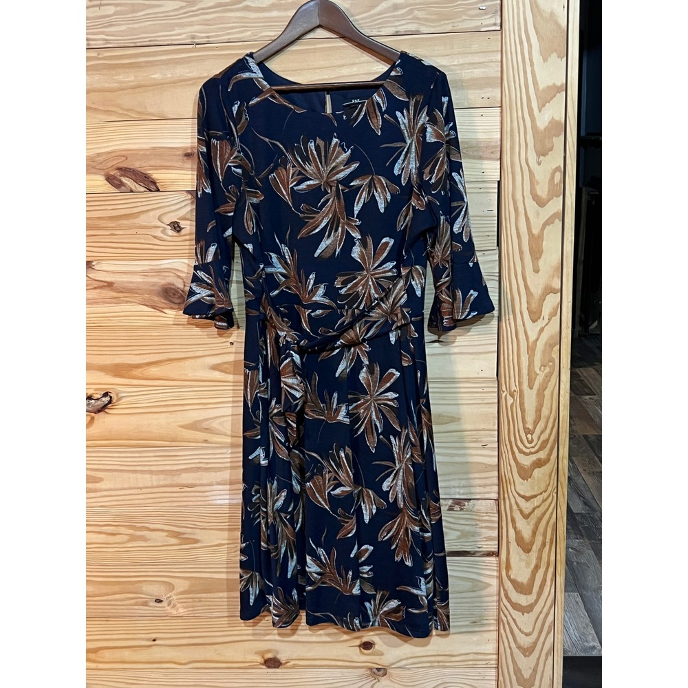 R&K Women's 16 Dress Midi Shift Navy Brown Fall Floral Half Bell Sleeve Ruffle